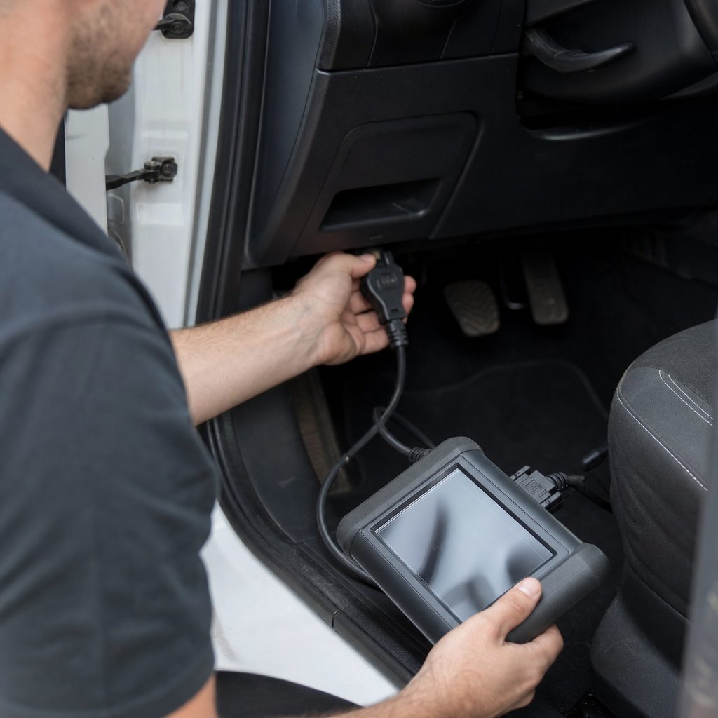 technicien branchant une valise de diagnostic OBD sur le connecteur sous le tableau de bord d'une voiture, écran affichant des codes défauts