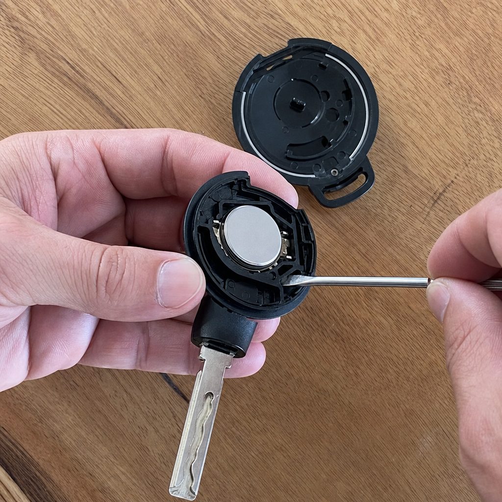 mains ouvrant le boîtier d'une clé de Mini Cooper avec un petit tournevis plat, pile bouton CR2032 visible à l'intérieur du boîtier ouvert