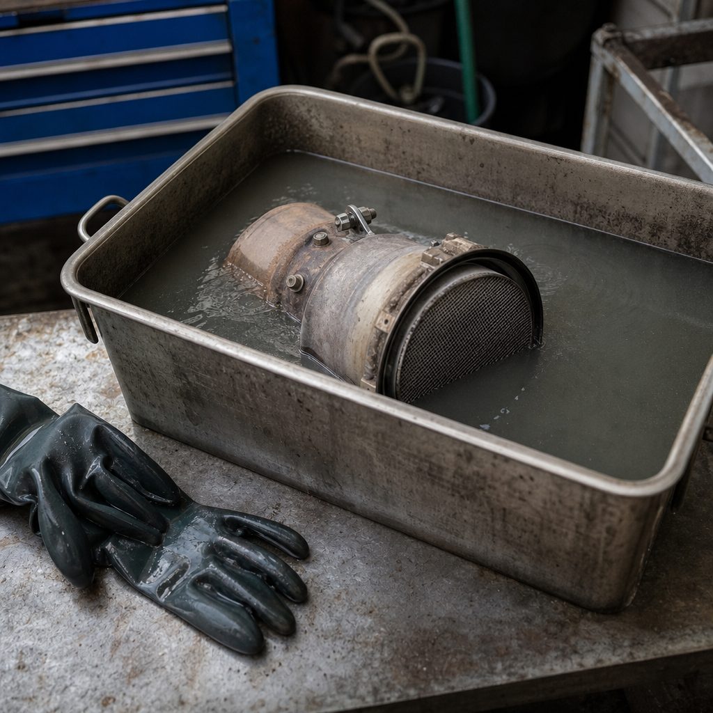 filtre à particules démonté trempant dans un bac rempli de liquide, gants de protection posés à côté sur un établi d'atelier