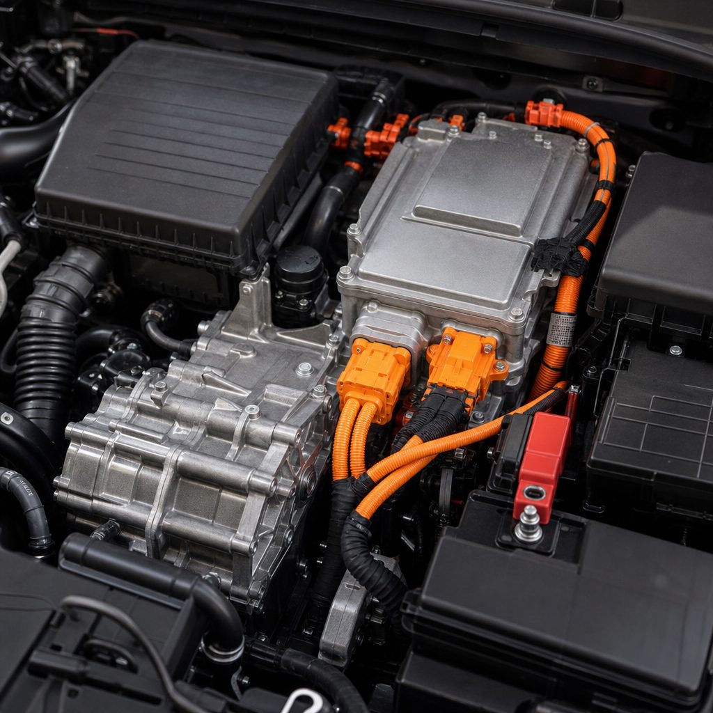 gros plan sur un moteur hybride sous le capot avec des câbles orange de haute tension clairement identifiables et un point de démarrage auxiliaire rouge distinct