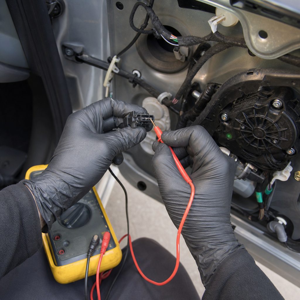 mains gantées testant au multimètre le connecteur d'un motoréducteur de serrure de porte démontée, panneau de porte déposé, câblage visible