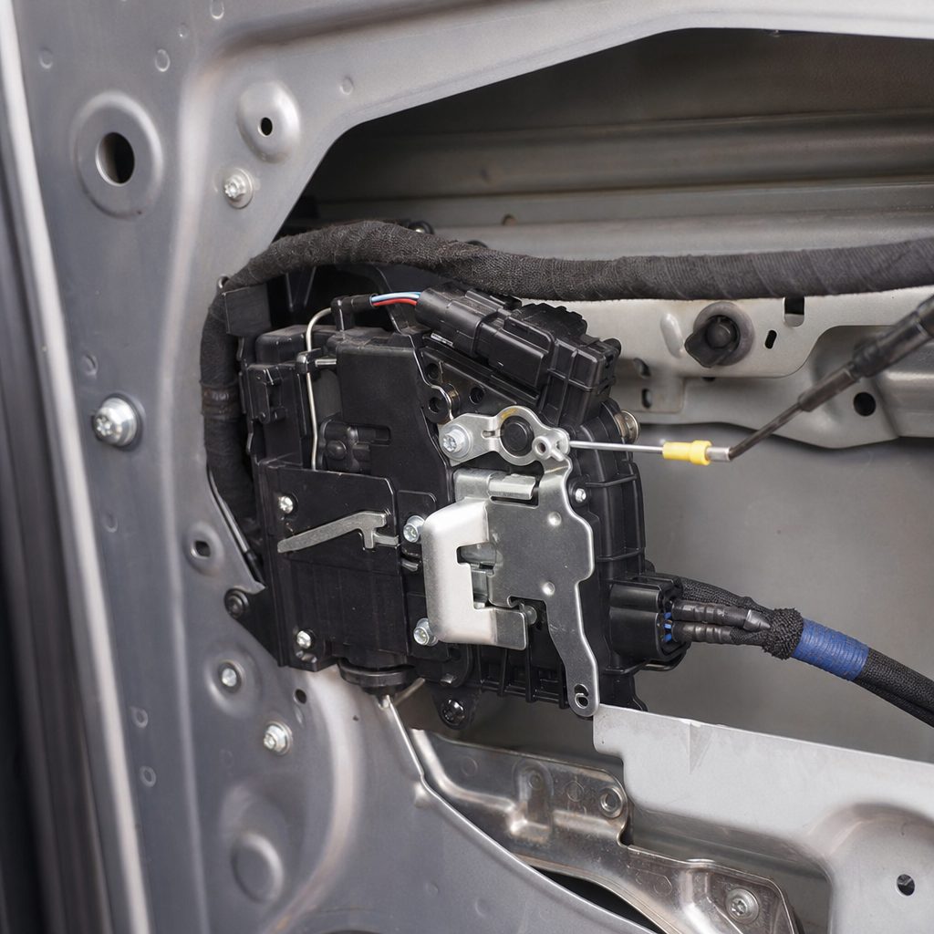 gros plan sur une porte de voiture démontée, panneau retiré, montrant l'actionneur de serrure électrique fixé sur le mécanisme de verrouillage