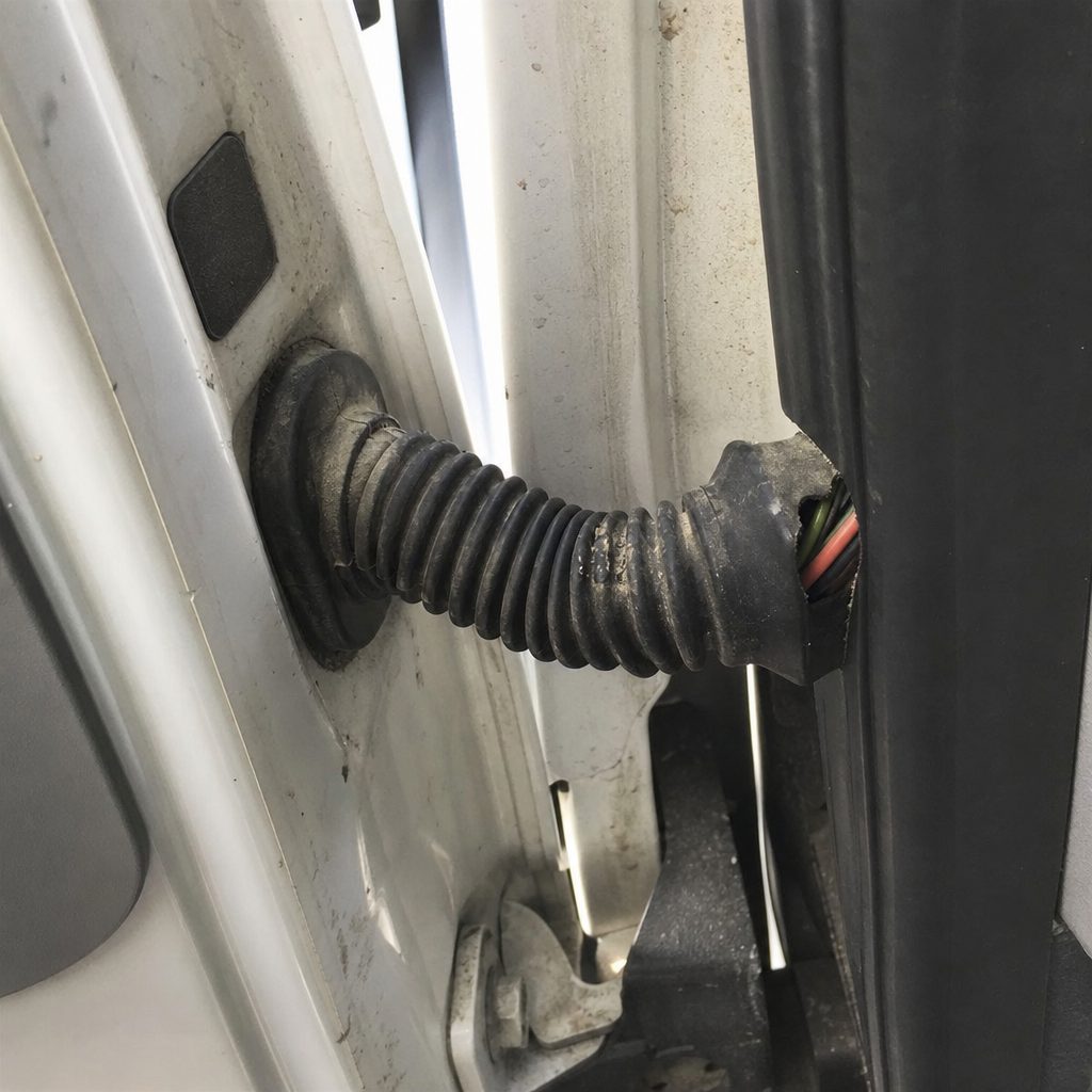 soufflet en caoutchouc de liaison entre carrosserie et hayon d'un fourgon, gaine de câblage électrique visible en coupe, traces d'usure sur le pli