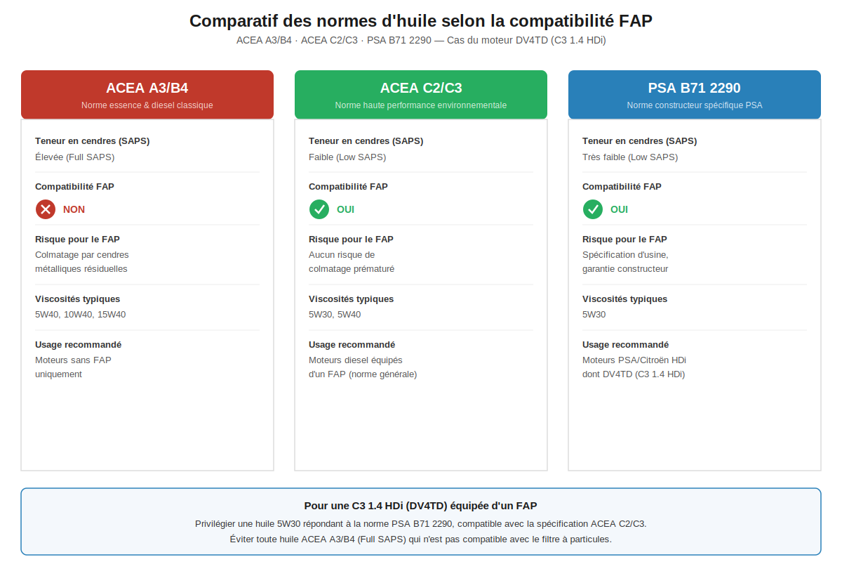 comparaison des normes ACEA A3/B4, ACEA C2/C3 et PSA B71 2290 selon compatibilité FAP