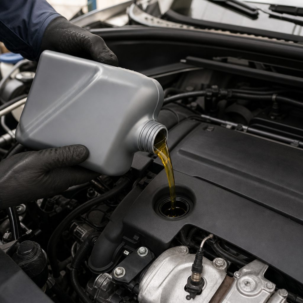 technicien en atelier versant de l'huile moteur neuve dans le bouchon de remplissage sous le capot ouvert d'une Citroën C3