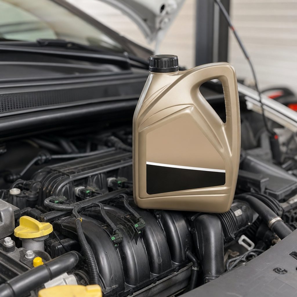 bidon d'huile moteur 5W30 posé sur le moteur ouvert d'une Renault Clio 3, étiquette visible avec les normes ACEA et RN