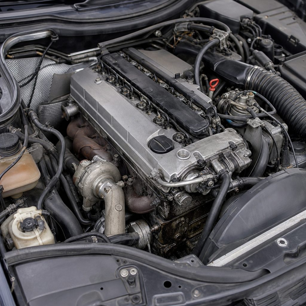 gros plan sur le bloc moteur cinq cylindres diesel OM605 d'une Mercedes C 250 TD, capot ouvert, turbo et durites visibles, légères traces d'huile sur le carter inférieur