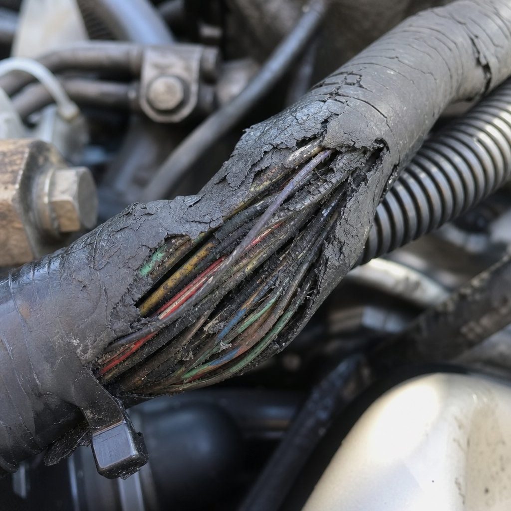 gros plan sur un faisceau électrique moteur diesel dont la gaine noire est fissurée et effritée, fils apparents
