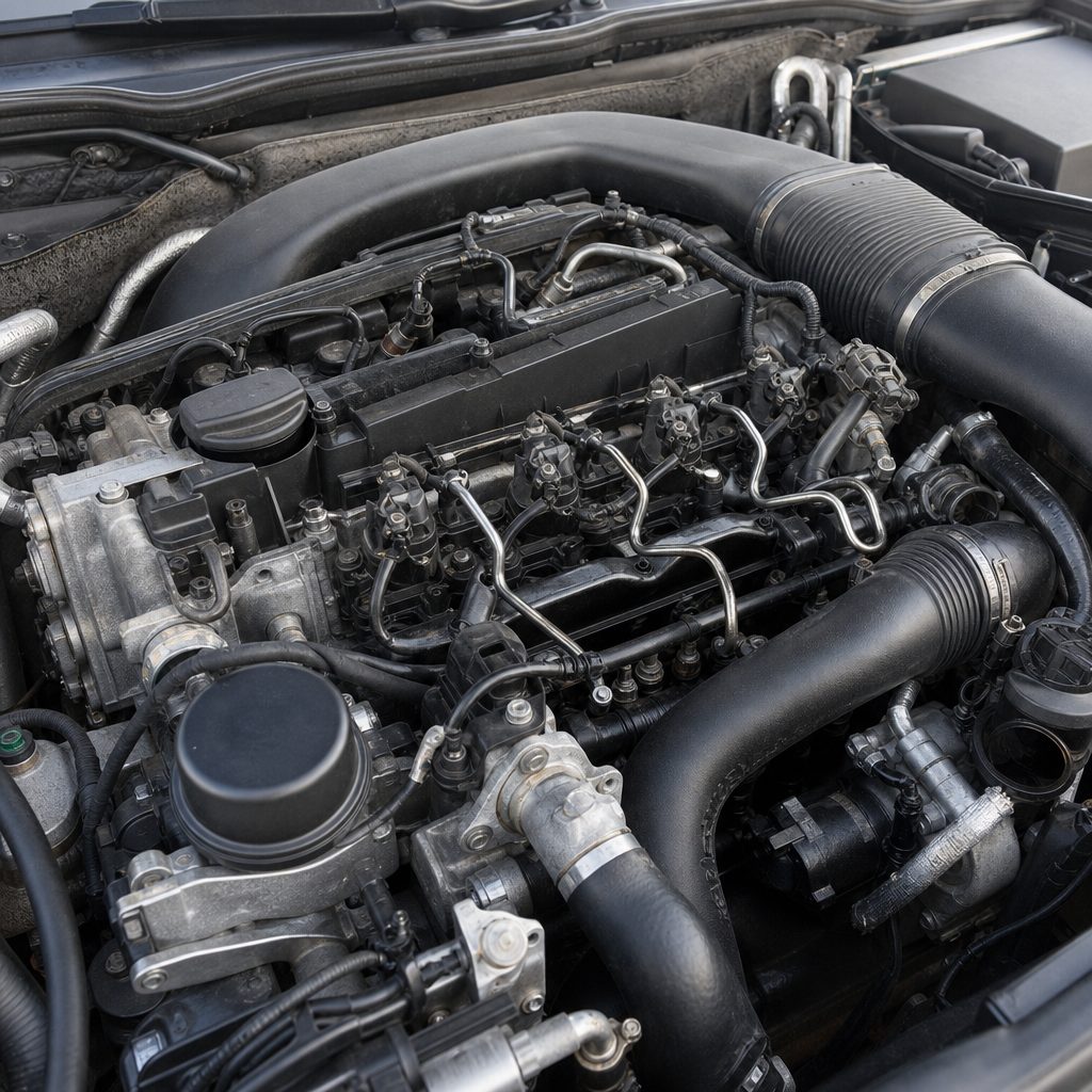 gros plan sur un moteur Mercedes 5 cylindres diesel OM612 dans un compartiment moteur, capot ouvert, durites et injecteurs visibles