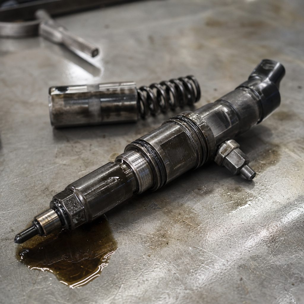 gros plan sur un injecteur diesel démonté posé sur un établi d'atelier, traces d'huile et de gazole visibles, éclairage néon d'atelier automobile