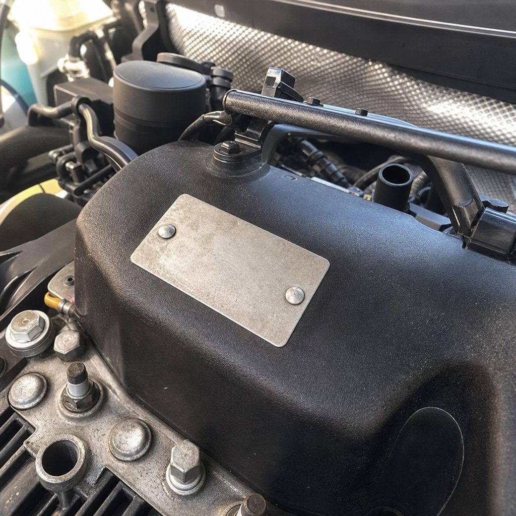 Gros plan sur une plaque signalétique moteur rivetée sur le bloc, sous le capot ouvert d'une Mini Cooper, avec le code moteur visible en relief