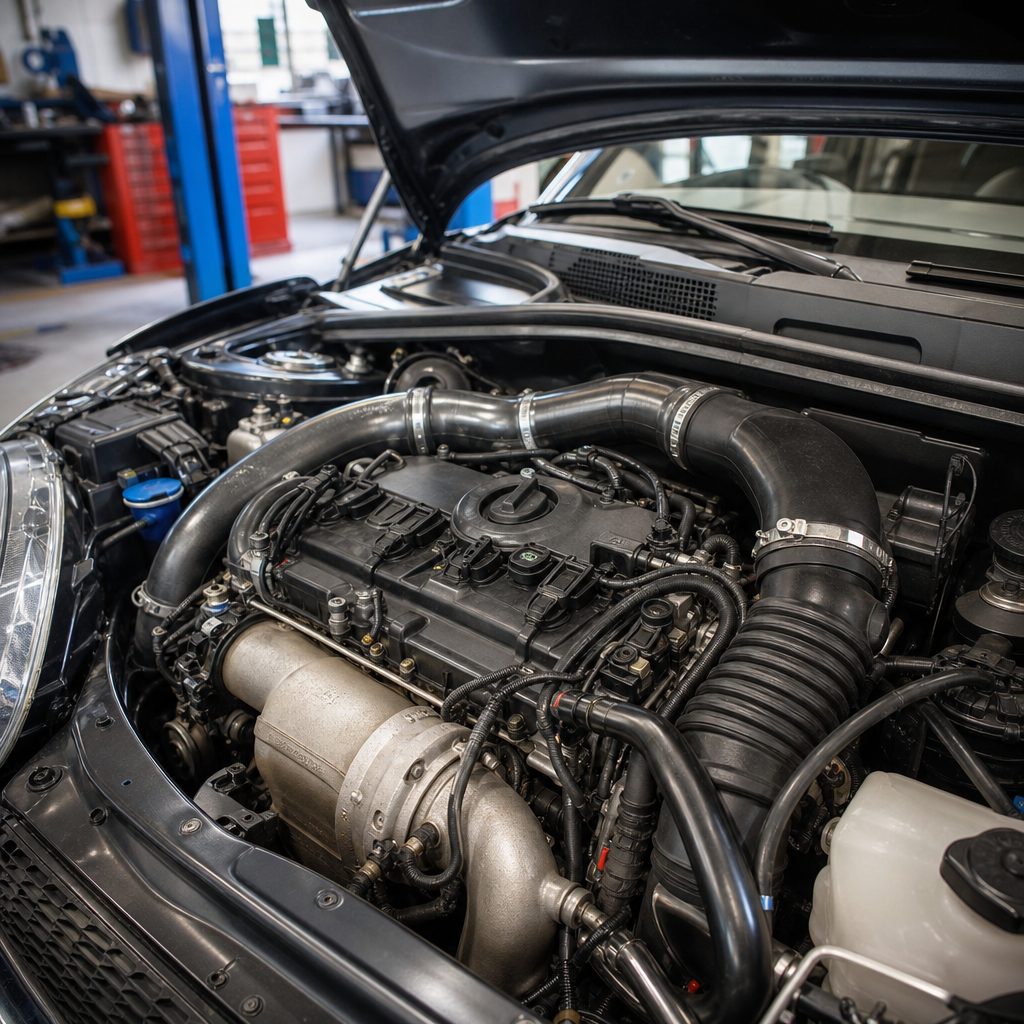 gros plan sur un moteur turbo essence 1.6 sous le capot ouvert d'une Mini Cooper S, durite de suralimentation et collecteur d'admission visibles, atelier en arrière-plan