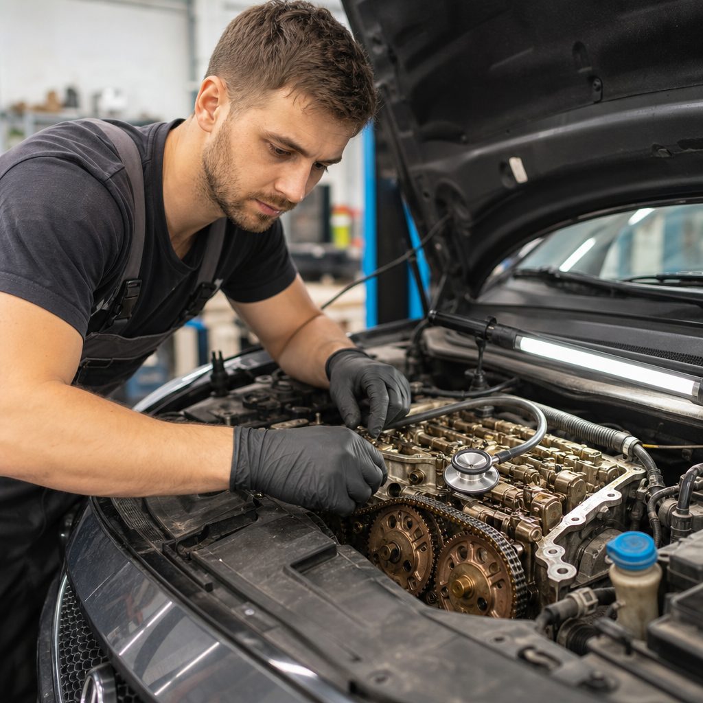 mécanicien penché sur un moteur Mini Cooper S ouvert, stéthoscope d'atelier posé sur le carter distribution, lampe baladeuse allumée