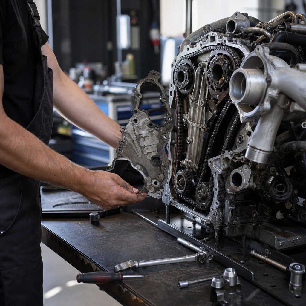 mécanicien retirant le carter de distribution avant d'un moteur turbo pour inspecter la chaîne et le tendeur hydraulique, atelier éclairé, outils posés sur l'établi