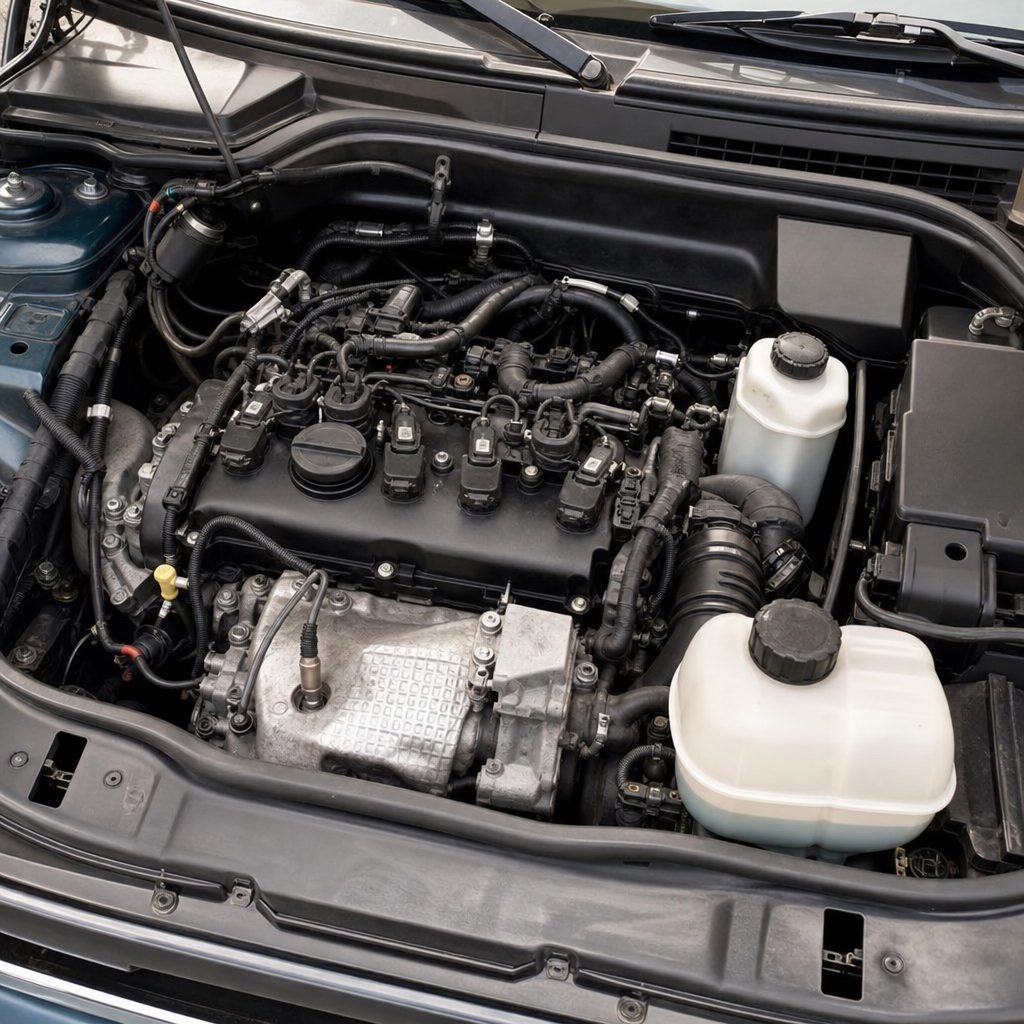 gros plan sur le compartiment moteur d'une Mini One ouvert, bloc 1.4 essence visible avec câblage et durites apparents, éclairage naturel de jour
