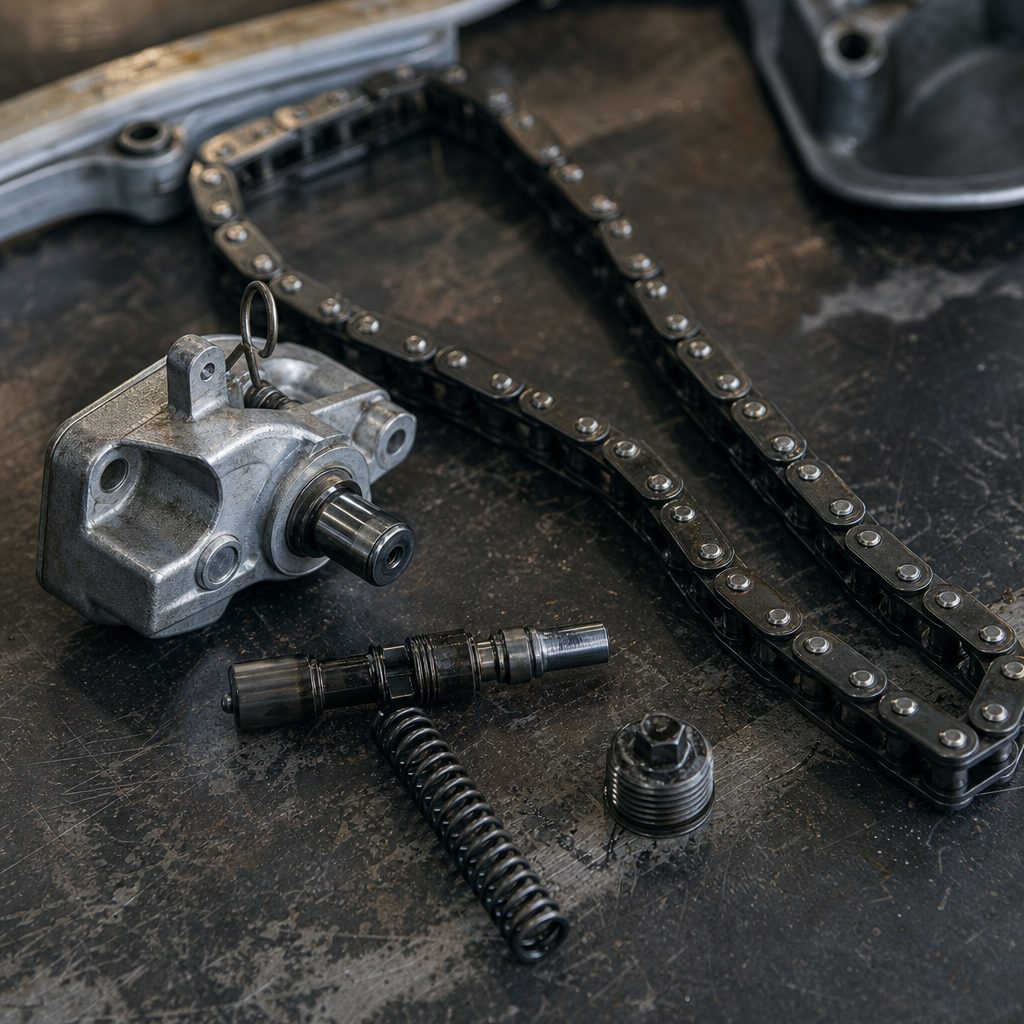 gros plan sur une chaîne de distribution et son tendeur hydraulique démontés sur un établi d'atelier, éclairage néon