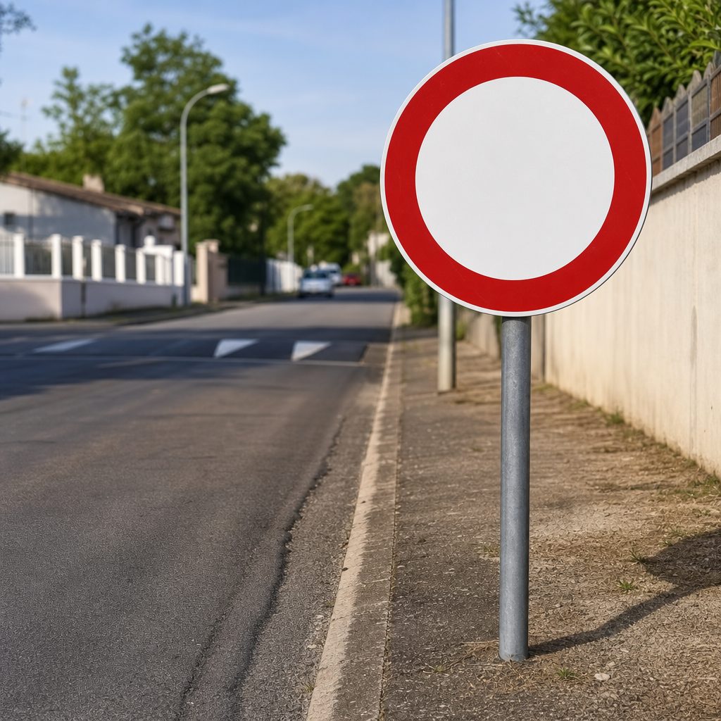 panneau rond bordure rouge chiffre 30 planté au bord d'une route urbaine, avec un dos d'âne visible en arrière-plan quelques mètres plus loin