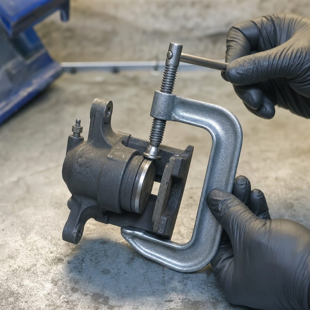 étrier de frein arrière posé sur un établi, serre-joint en C positionné entre le piston et une plaquette de frein usagée, mains gantées en train de serrer progressivement