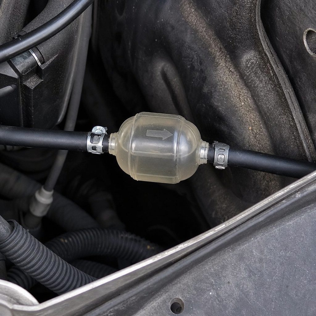 poire d'amorçage carburant translucide montée en ligne sur une durite noire dans le compartiment moteur d'une Clio 3, près du passage de roue avant droit, flèche directionnelle visible sur le corps de la pièce
