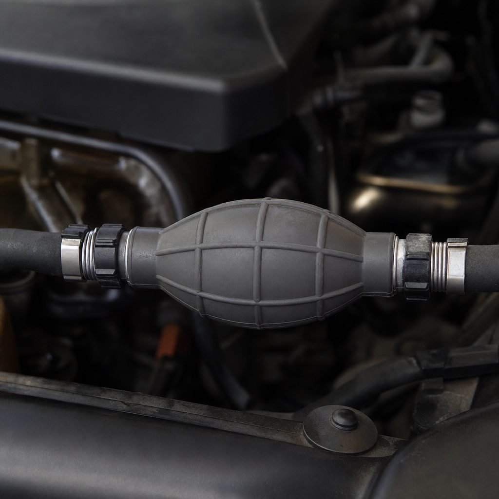 gros plan sur une poire d'amorçage en silicone gris fixée sur une durite de carburant dans un compartiment moteur, éclairage naturel de garage