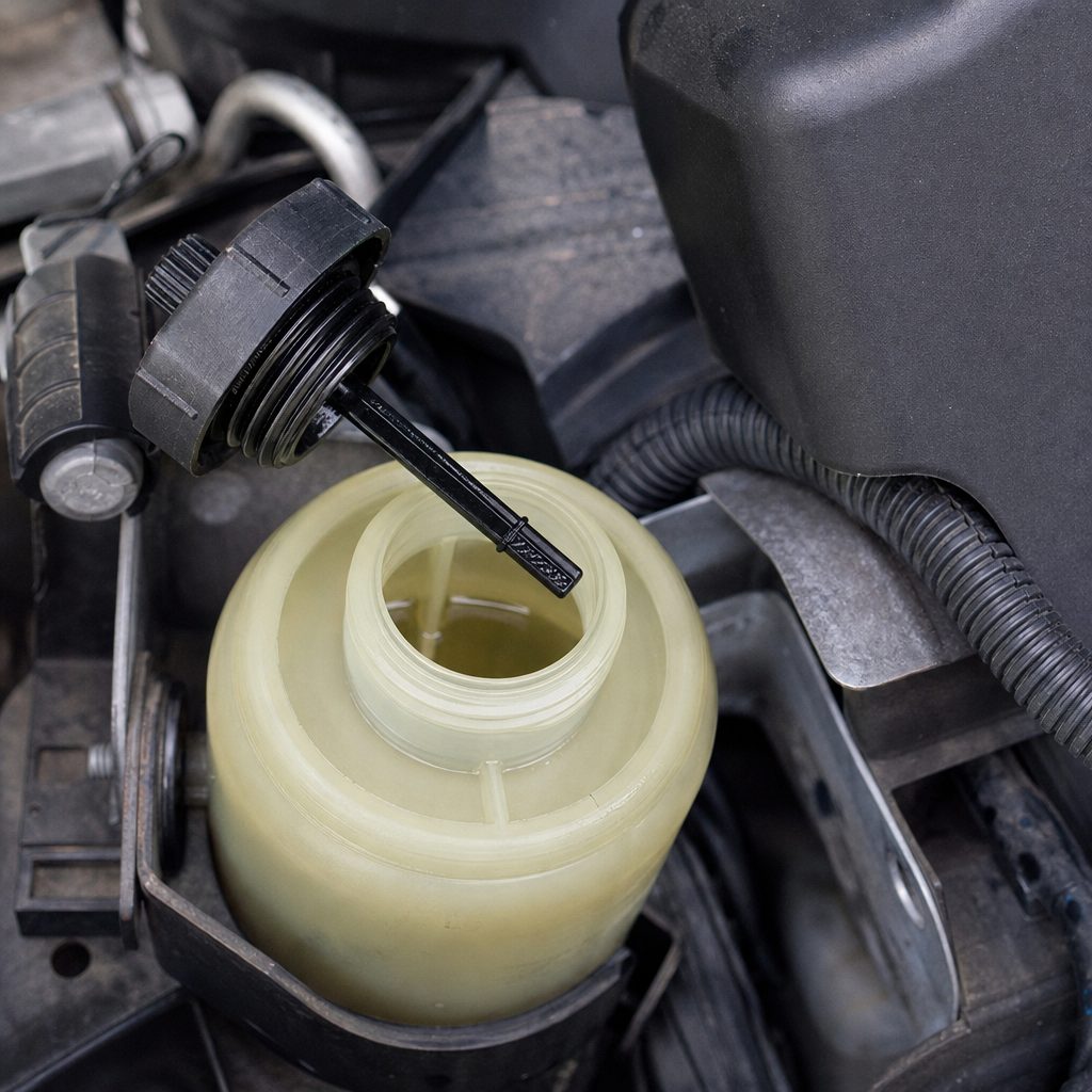 gros plan sur le bocal de liquide de direction assistée avec bouchon-jauge sorti, dans le compartiment moteur d'une Mini Cooper R50, niveau de liquide clair visible