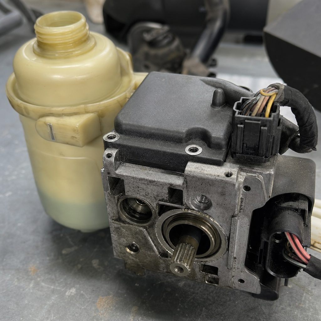 gros plan sur le petit bloc pompe électro-hydraulique de direction assistée d'une Mini R50 démonté, avec son connecteur électrique et son réservoir de liquide visibles, atelier mécanique
