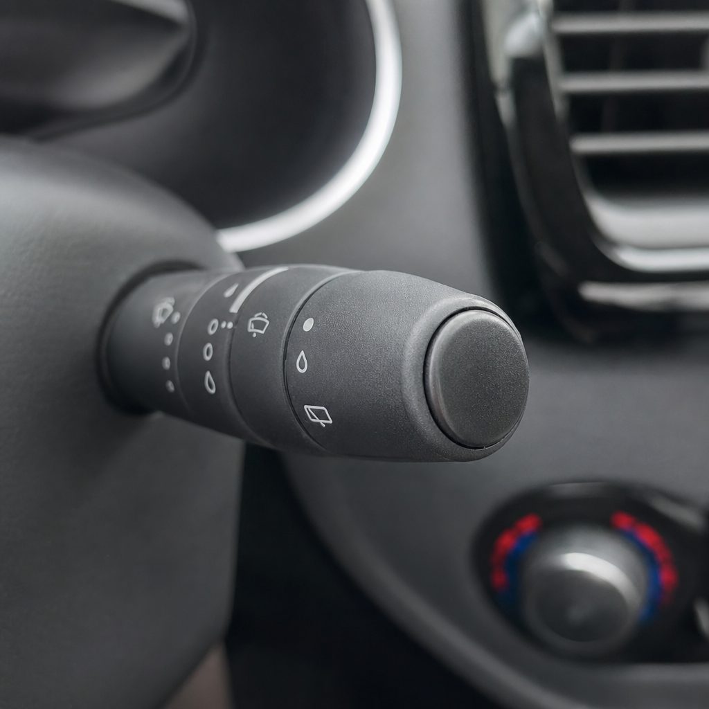 bouton de réinitialisation TPMS au bout du levier de commodo d'essuie-glace, gros plan sur le tableau de bord d'une Renault Clio 4