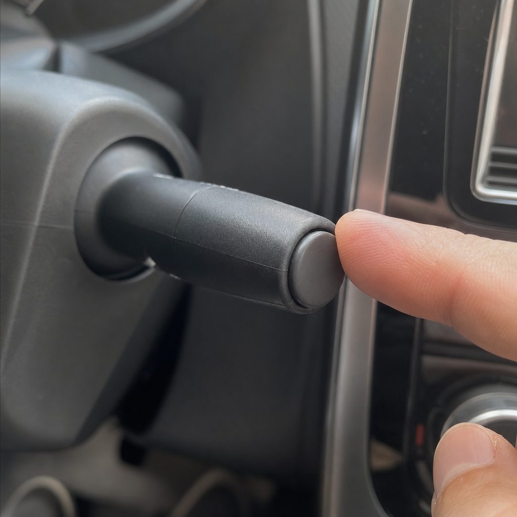 gros plan sur le commodo droit sous le volant d'une Clio 4, un doigt appuyant sur le petit bouton reset situé à l'extrémité de la tige