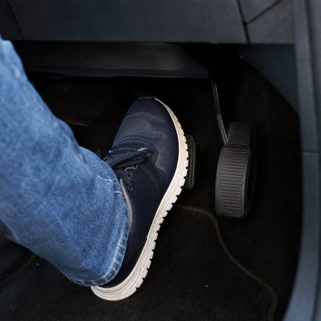 pied appuyant à fond sur la pédale d'accélérateur d'une Ford Fiesta, vue de l'habitacle côté conducteur, contact mis mais moteur éteint