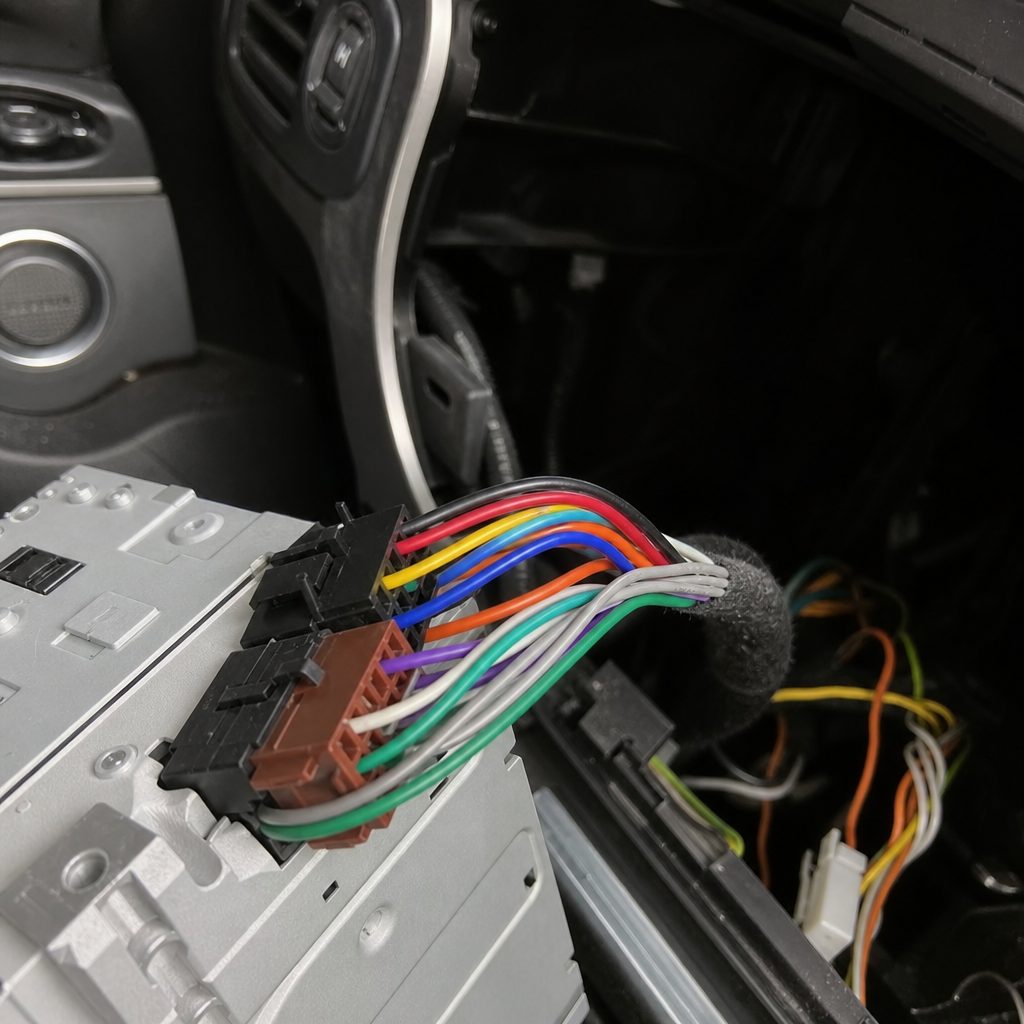 connecteur ISO adaptateur branché à l'arrière d'un autoradio, faisceau de fils colorés visible, dans l'habitacle d'une Renault