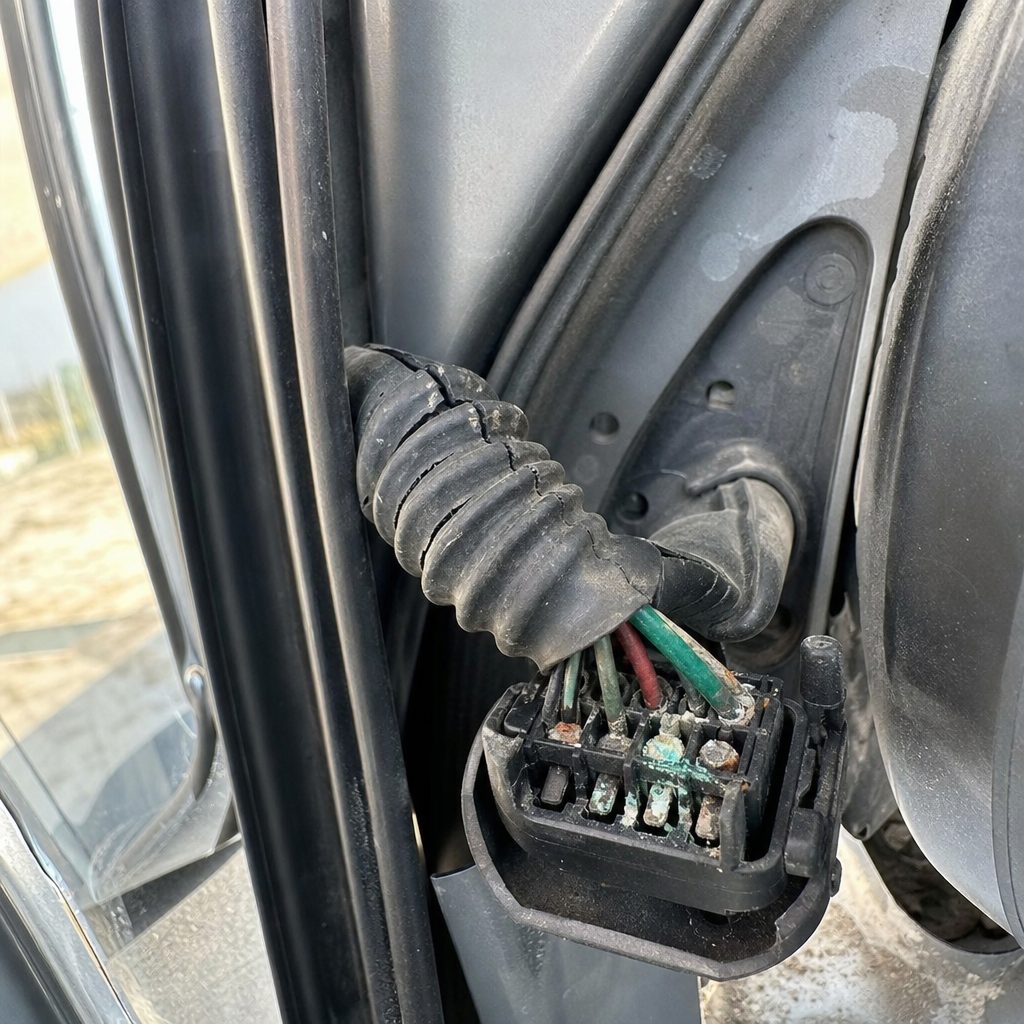 connecteur électrique de rétroviseur extérieur démonté, montrant des broches oxydées et un joint d'étanchéité fissuré au niveau du pli de porte