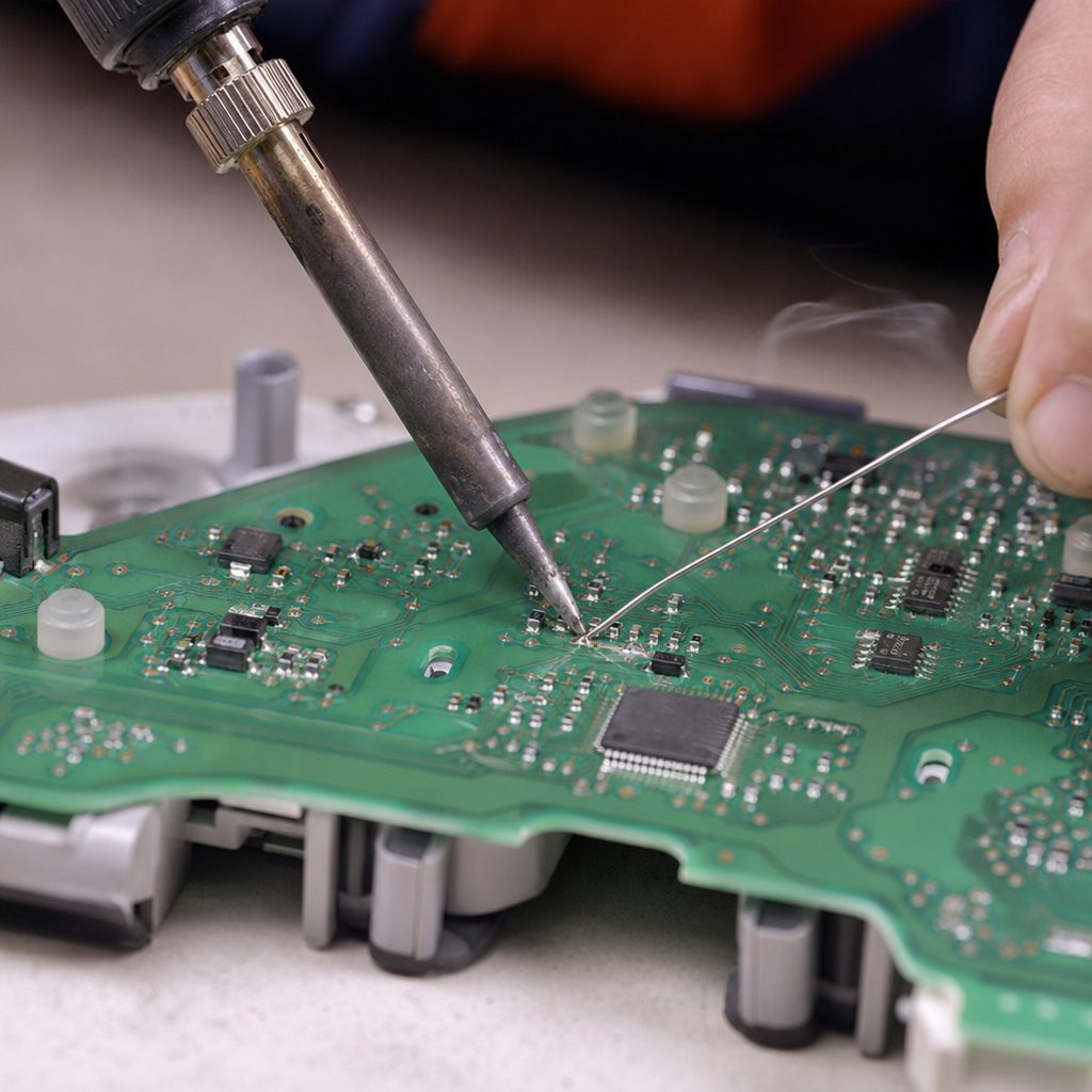 gros plan sur un circuit imprimé de combiné d'instruments automobile posé sur un établi, fer à souder en action près d'un composant électronique, éclairage d'atelier