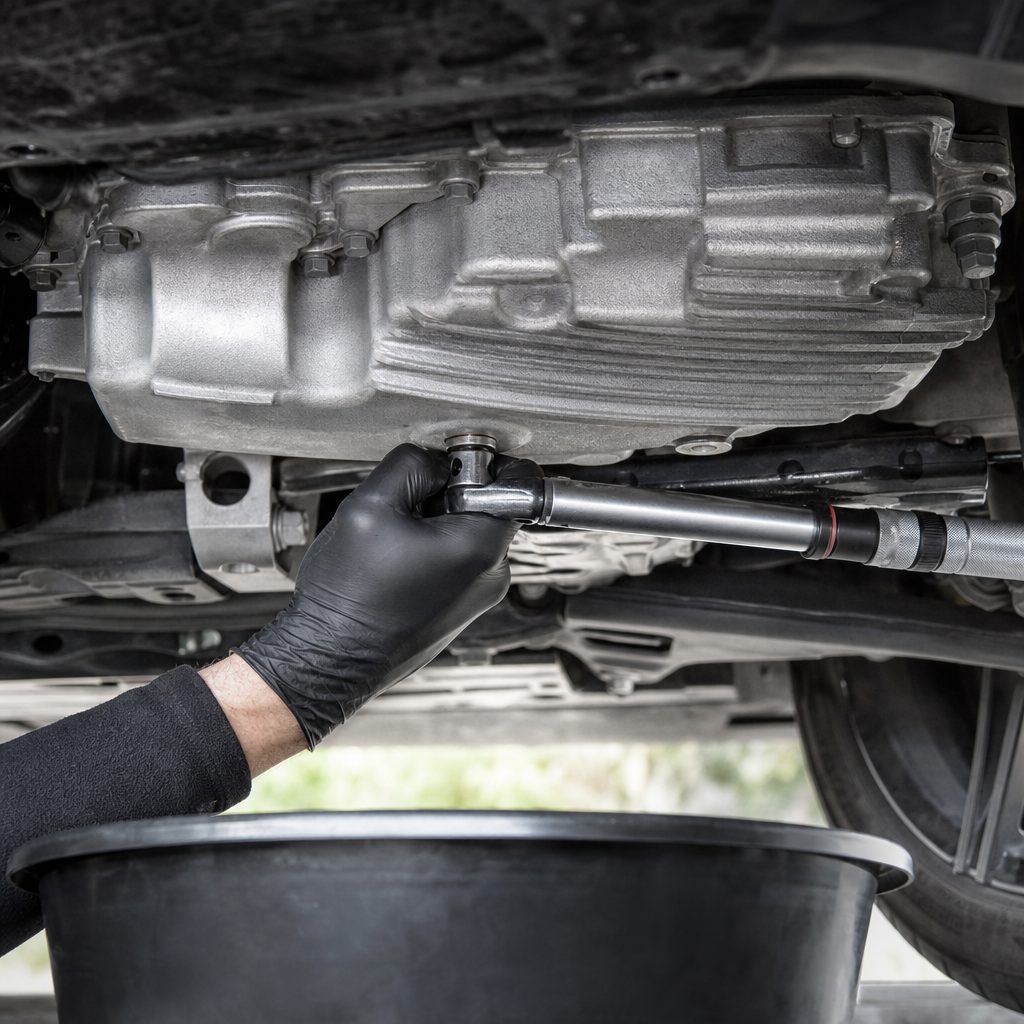 main gantée serrant un bouchon de vidange avec une clé dynamométrique sous un carter moteur en aluminium, bac de vidange visible en dessous