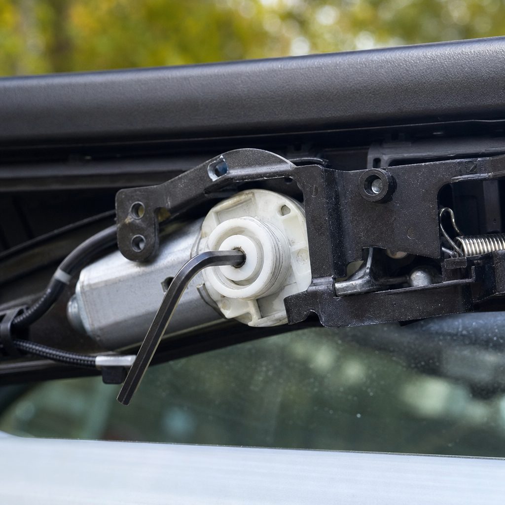 gros plan sur un moteur de toit ouvrant démonté au-dessus du pare-brise d'une Mini Cooper, une clé Allen insérée dans l'axe six pans du mécanisme
