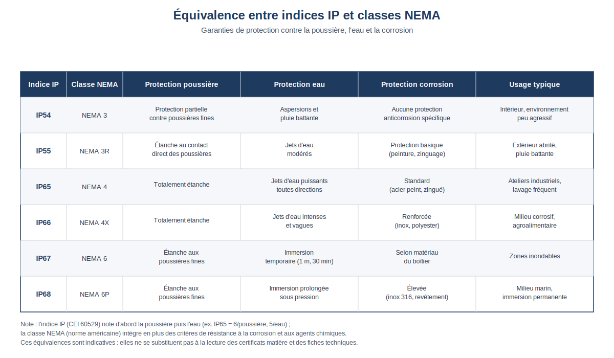 tableau d'équivalence entre indices IP et classes NEMA avec leurs garanties respectives contre poussière, eau et corrosion