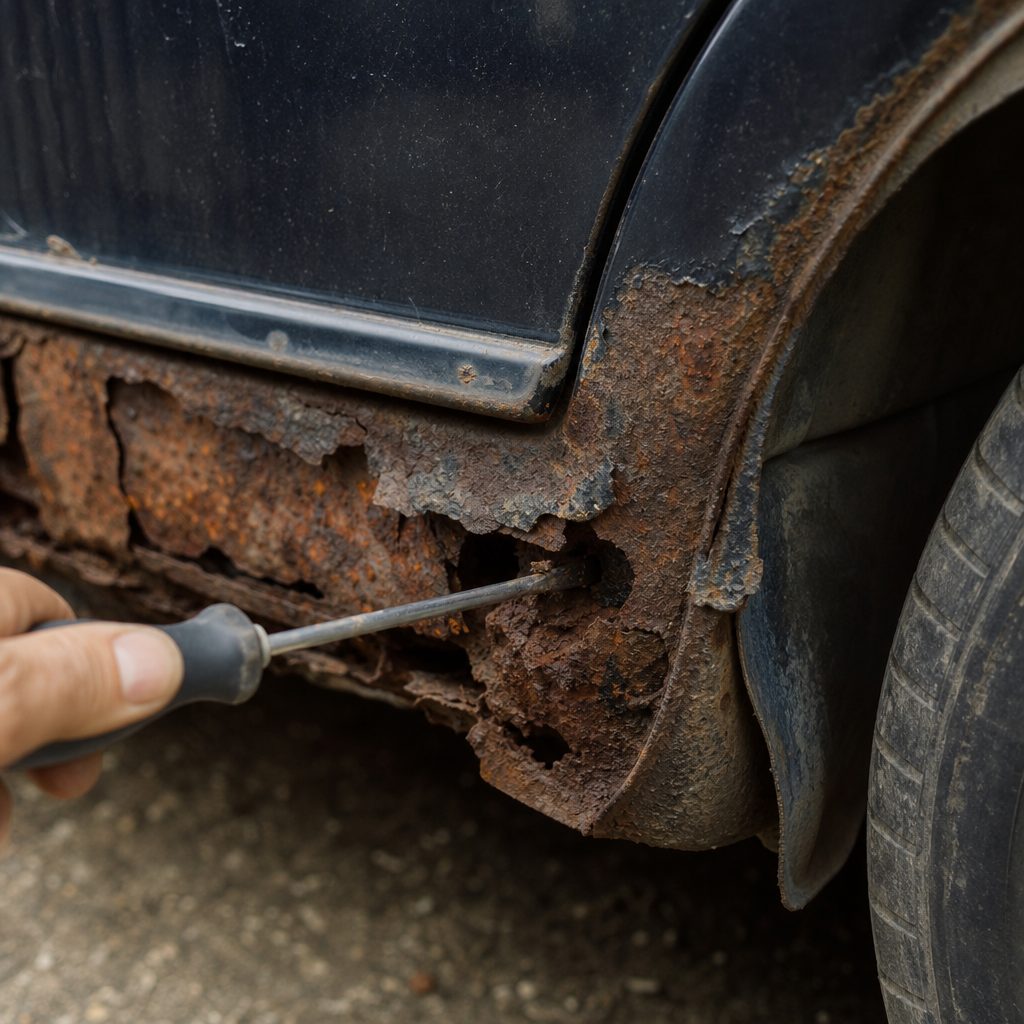 gros plan sur un bas de caisse de voiture ancienne rouillé, un tournevis testant la résistance de la tôle sous l'aile arrière