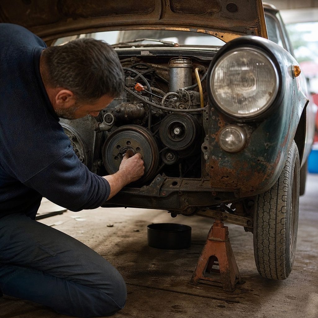 mécanicien vérifiant à la main la rotation du vilebrequin via la poulie moteur sur une vieille voiture posée sur chandelles dans un garage