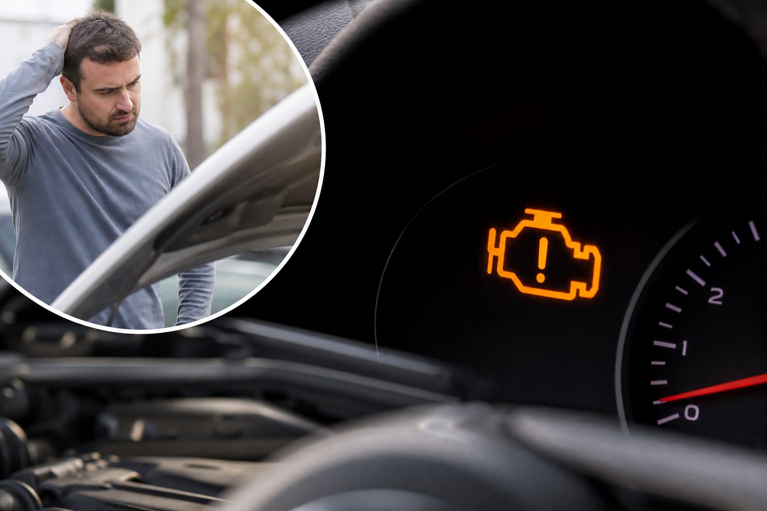 Voyant moteur point d'exclamation : orange, clignotant, causes et gestes
